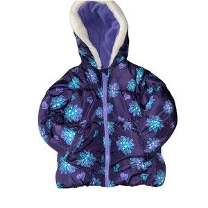 LONDON FOG Winter Coat Little Girl Sz 4/4T Purple Floral Hooded Puffer Jacket